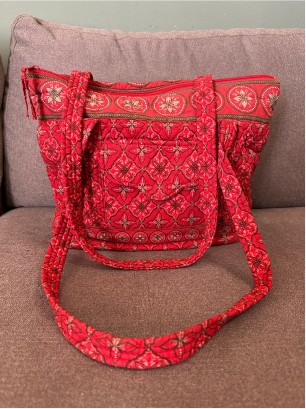 Tanya Lee Quilted Tote Bag Red Brown Shoulder bag Floral Geometric